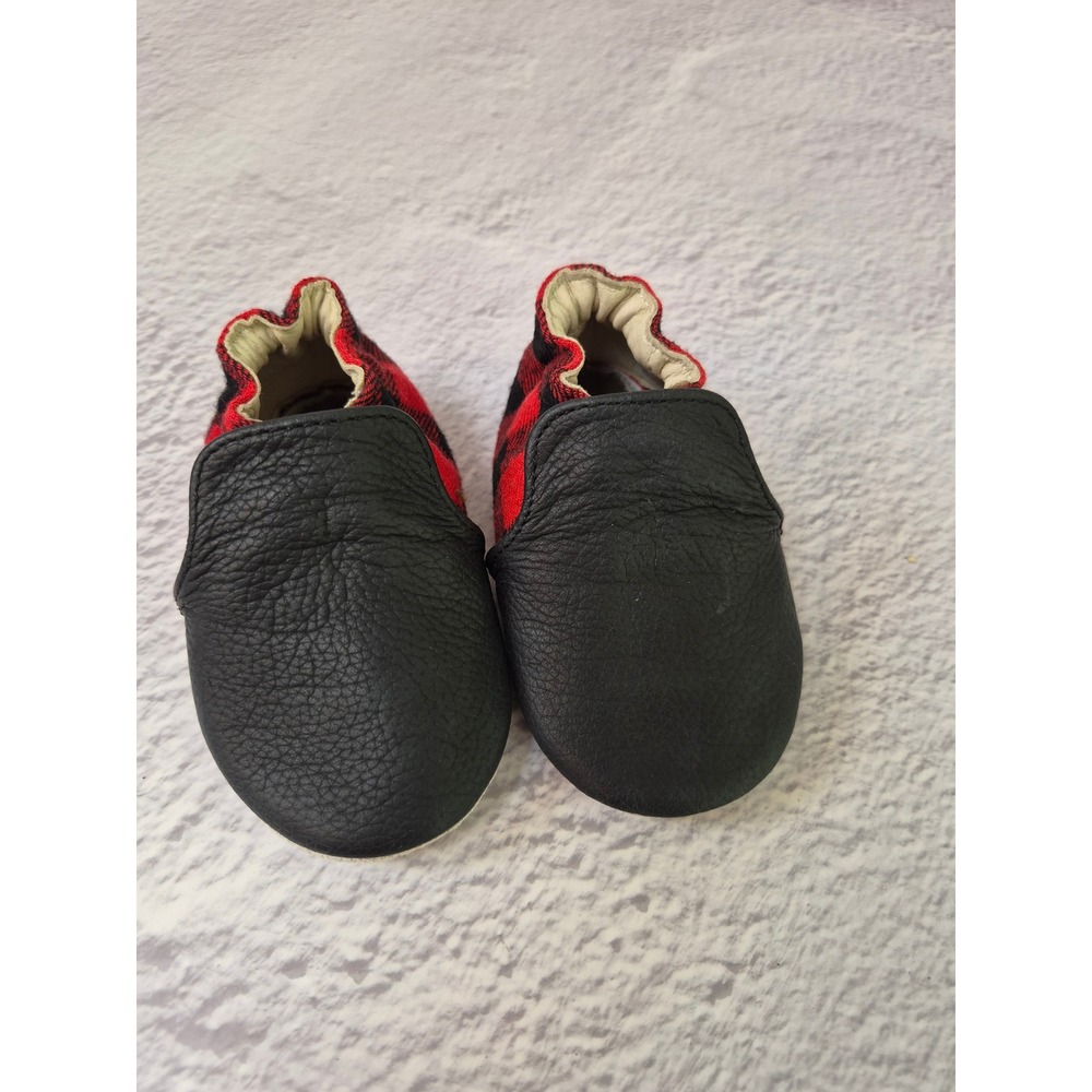 Robeez Baby Buffalo Plaid Leather Soft Sole Moccasins 0-6 Months Black Red